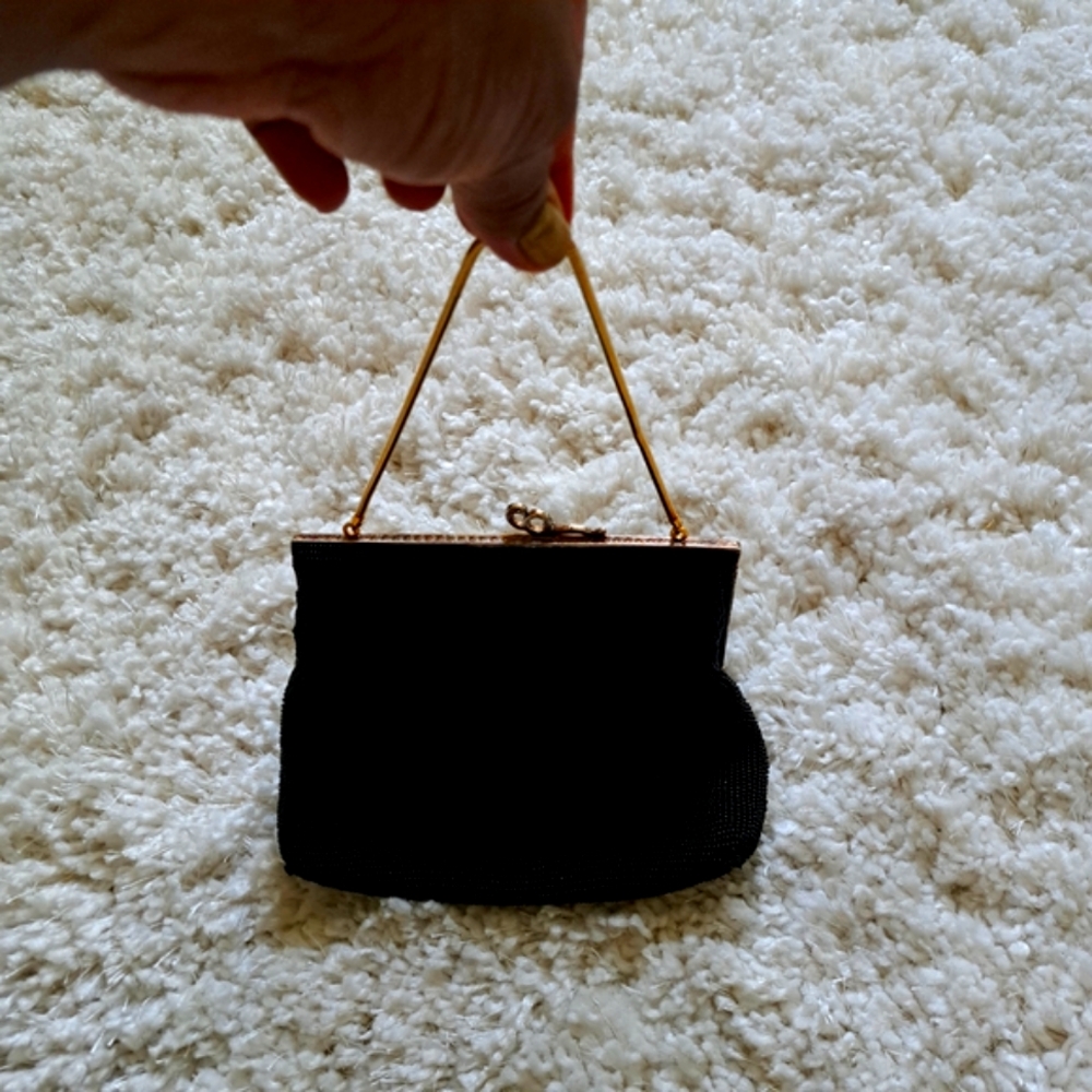 Vintage Black Beaded Clutch Evening Bag‎ Gold Trim Made in Japan